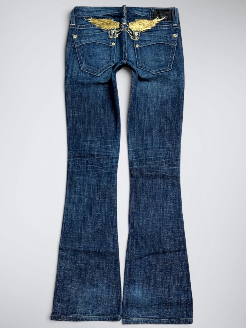 Vintage Y2K Robin’s Jean Dark Wash Ultra Low Rise Bootcut Jeans | Gold Wing
